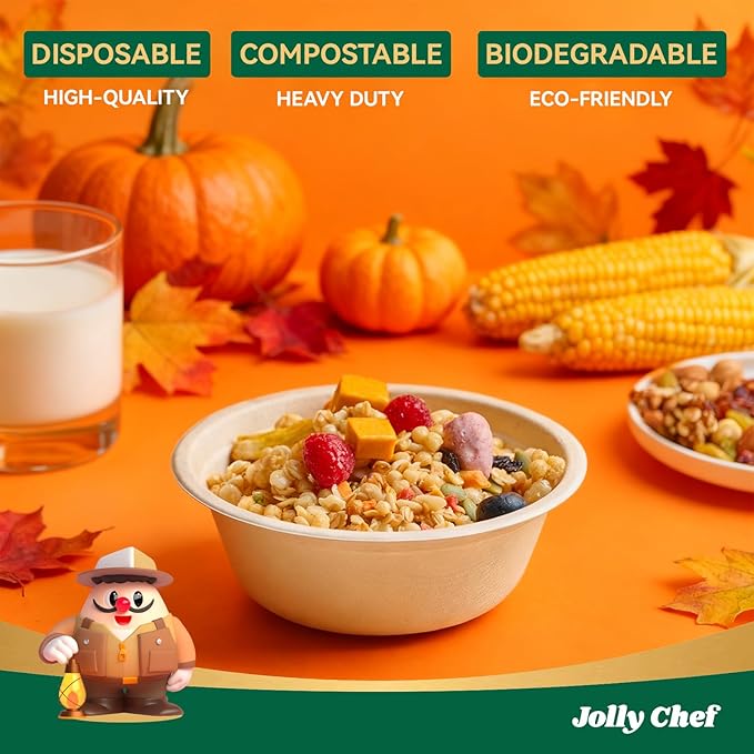 JOLLY CHEF Compostable Disposable Paper Bowl [16 oz] Heavy Duty Soup Containers [150 Pack] Biodegradable Bagasse Hot Cold Eco-Friendly Natural Sugarcane Microwavable Bowls for Thanksgiving Day