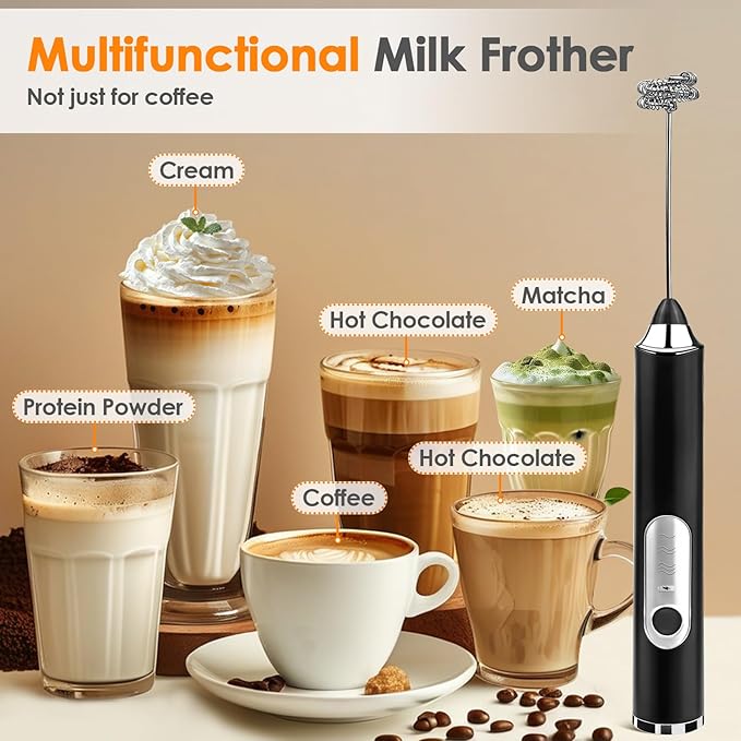 Milk Frother Handheld, Rechargeable Coffee Frother Wand with 2 Stainless Whisks 3 Speeds, Drink Mixer, Electric Foam Maker, Hand Mixer for Lattes, Cappuccino, Matcha, Egg, Black