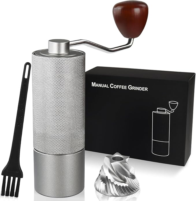 Non-Detachable Manual Coffee Grinder with 25 Level Stainless Steel Conical Burr Portable Aluminum Coffee Bean Grinder Gift Set Suitable for Moka Pot Espresso Pour Over Easy Cleaning with Brush
