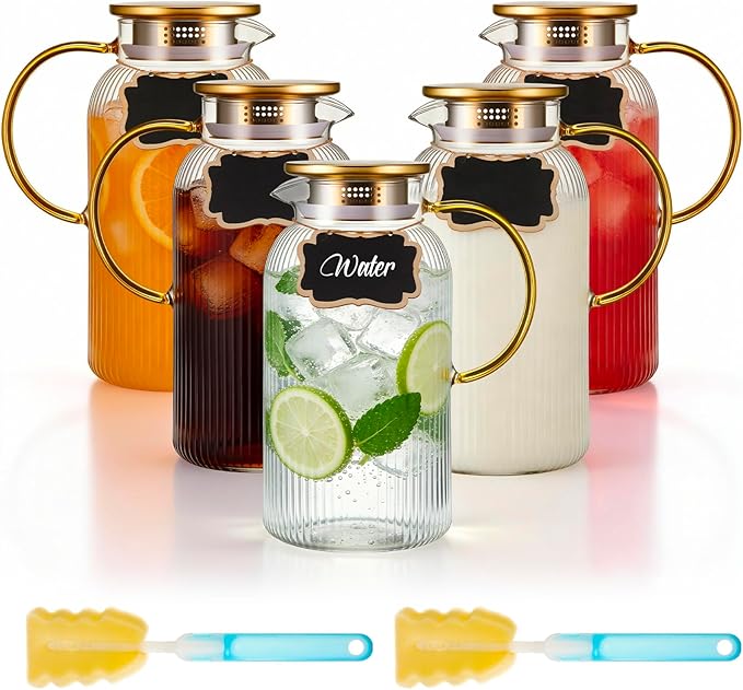 Lounsweer 5 Pack Glass Pitcher with Lid, 68 oz/ 2 Liter Vertical Stripes Water Pitcher with Yellow Handle Mini Rectangle Chalkboard Label and Sponge Cup Brush Housewarming Gifts, Hot and Cold Drinks