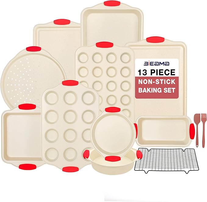 BIEAMA 13-Piece Baking Pans Sets, Nonstick Bakeware Sets, BPA-Free Carbon Steel Stackable Bakeware Set, Cream
