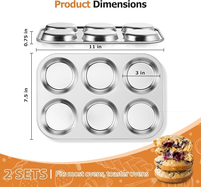 E-far Muffin Top Pan Set of 2, Stainless Steel 6-Cavity Shallow Cupcake Pan for Baking Whoopie Pie, Yorkshire Pudding, Eggs, Cornbread, Drop Cookies, Non-toxic & Standard Size, Oven & Dishwasher Safe
