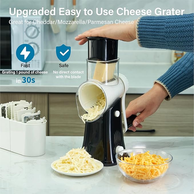Rotary Cheese Grater Hand Crank, 5 Blades Cheese shredder, Stronger Suction, Easy to Clean for Fruit, Vegetables, Nuts, Black