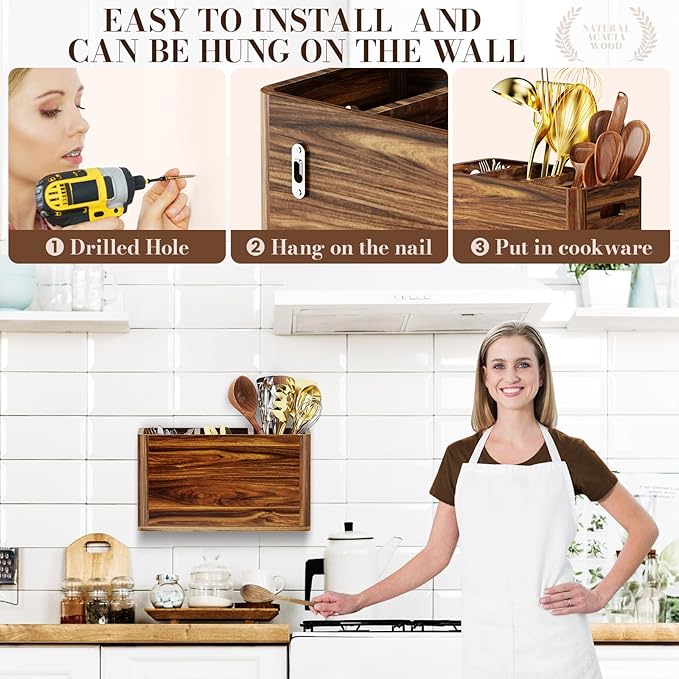 Yirilan Wooden Kitchen Utensil Holder for Counter, Acacia Wood Utensil Holder for Storage Cooking and Silverware with 3 Compartment, Rustic Wooden Organizer Container