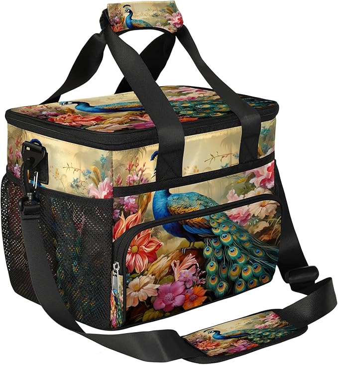 Pardick Lunch Box for Women Men Flower Peacock Insulated Lunch Bag Leakproof Large Lunchbox for Adults with Adjustable Shoulder Strap, Cooler Tote Bag for Work, Picnic, Beach