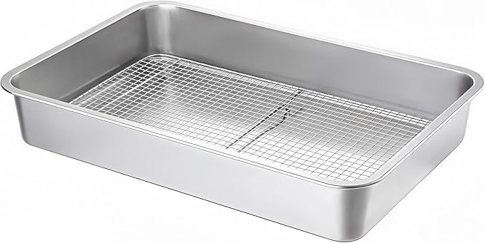 Stainless Steel Sturdy Roasting Pan with Cooling Rack – Oven, Toaster & Grill Safe, Deep Edge, Smooth Finish, Dishwasher Safe – Perfect for Turkey, Chicken, BBQ (19.5x13.6x2.8in)