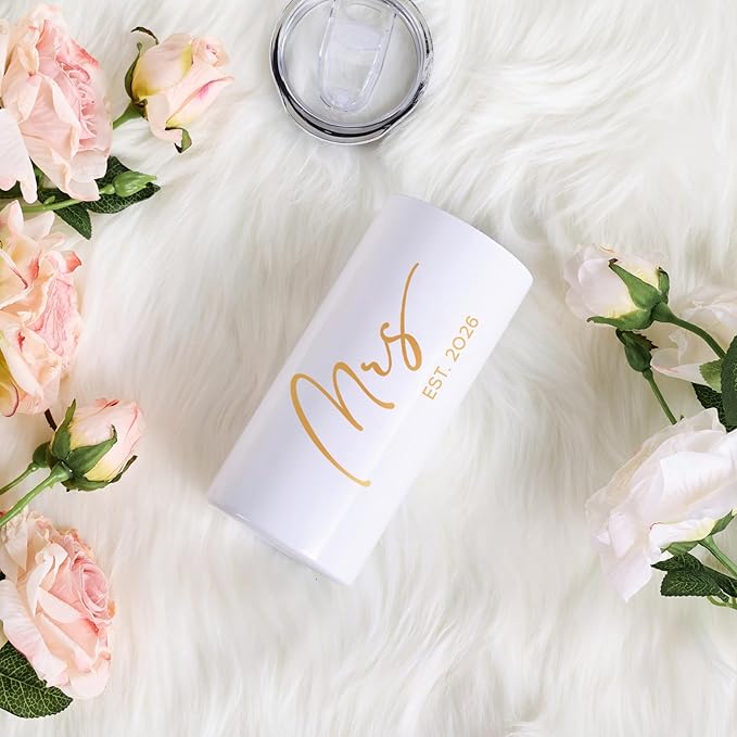 Future Mrs Gifts 2026 Bridal Shower Gifts for Bride Mrs Cup for Wedding Engagement Bachelorette Party Honeymoon Stainless Steel Skinny Tumbler with Lid and Straw 15 OZ