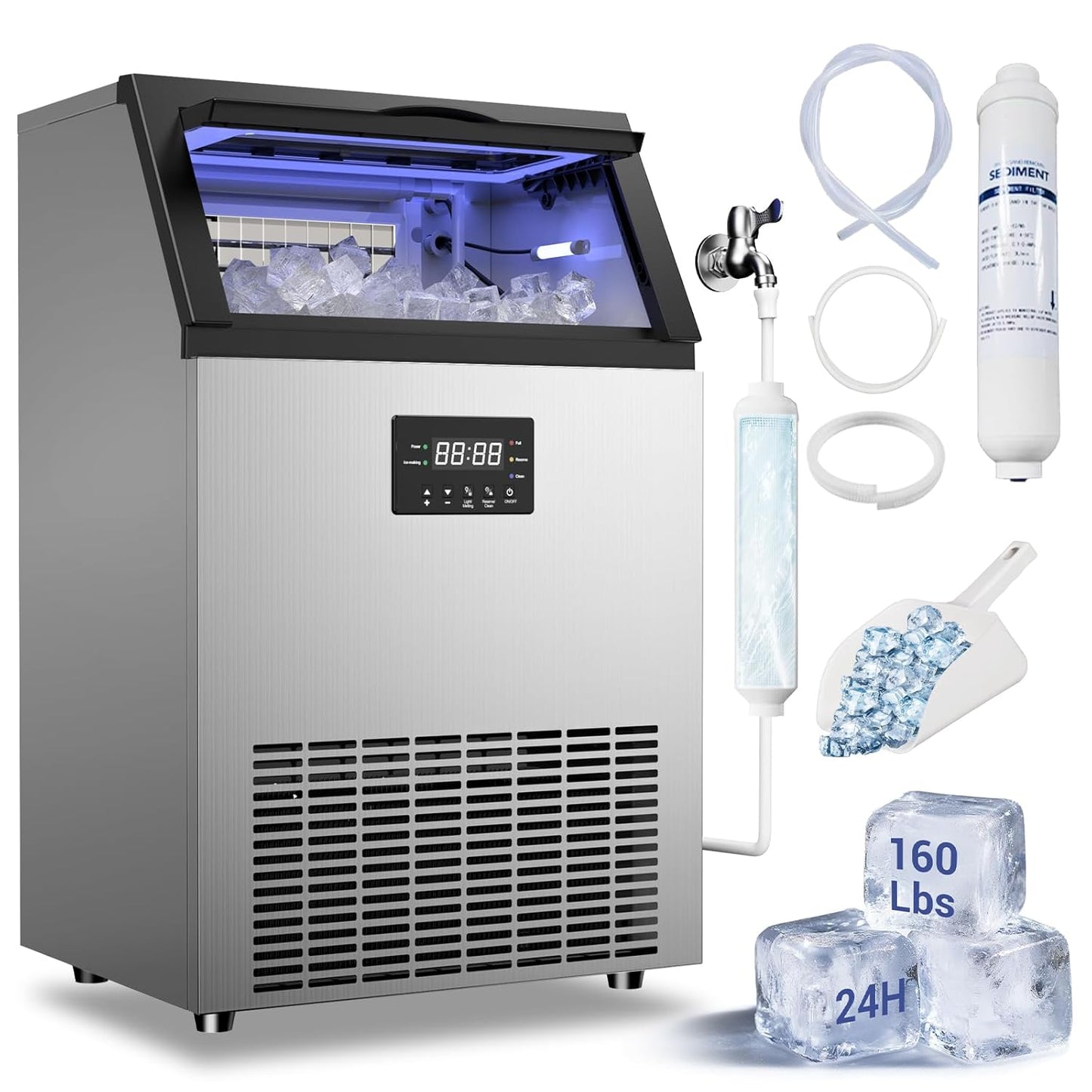 Commercial Ice Maker Machine 165Lbs/24H Stainless Steel Under Counter Ice Machine with 45lbs Ice Storage Capacity, Freestanding Ice Maker