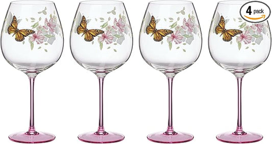 Lenox Glassware, Butterfly Meadow Pink Balloon Wine Glasses, Set of 4, Service For 4, Made From Glass, Dishwasher Safe, Drinking Glasses, Home And Kitchen, Glass Cups (Pink, 4 Pieces, 26 oz Capacity)
