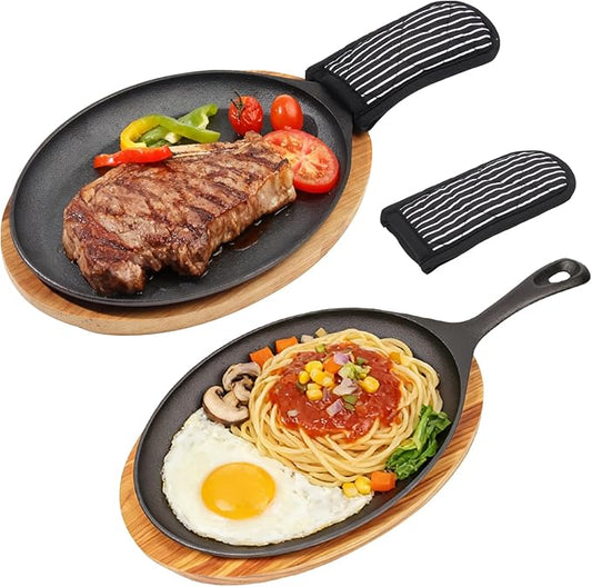 2 Sets Cast Iron Fajita Skillet Set Sizzling Plate with Wooden Base & Anti Scald Protection Hot Handle Cover, Cast Iron Skillets Set for Home Barbecue Kitchen Party Restaurant Catering Service