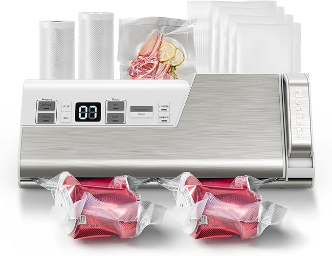 Mesliese Vacuum Sealer Machine, 95kPa 140W Double Seal Powerful Food Sealer, One Hand Operation Food Storage with Build-in Cutter & Roll Storage, ETL Tested (White)