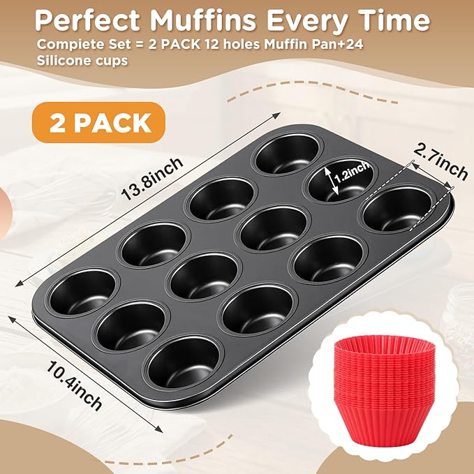2 Set 12-cup Non Stick Carbon Steel Muffin Pan for Baking with 24 Reusable Silicone Liners, Non Toxic Cupcake Pan Muffin Tin for Easter Wedding Brownies Egg Bite, Easy to Pop(Red)