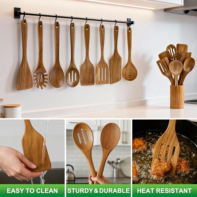 9 Pack Best Wooden Spoons Non Toxic Cooking Utensil Set with Utensils Holder Kitchen Slotted Turner Spatula Set Acacia Wood Utensils for Cooking Spoon Scraper Spurtle Bamboo Flat Egg Flipper Spatulas