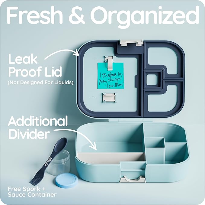 YOOPI Lunch Boxes for Kids–Toddler Bento Box with 4 Leakproof Compartment Food Bentobox Container,Lunch Box for School with Lunchbox Containers, Lightweight Sandwich Box & Snack Box (Aqua)