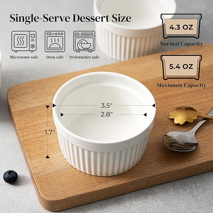DOWAN Ramekins 4 oz Oven Safe for Creme Brulee Souffle, Porcelain Custard Cups Ramiken for Baking, Small Bowls Dipping Sauce Dish Classic Style, Set of 6, Soft White
