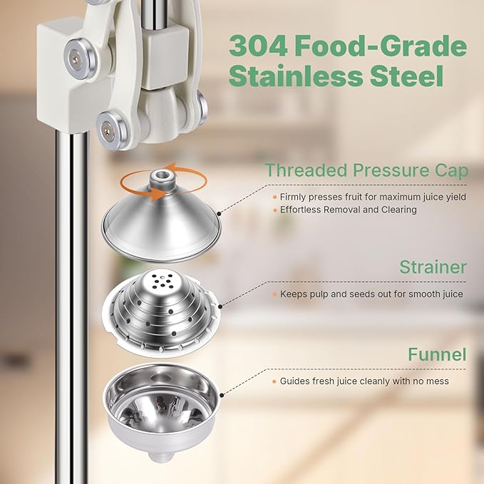 Cast Iron Juicer, 17"Tall & Sturdy Flat Base | Heavy-Duty Manual Hand Press Juicer For Orange Lemon Lime Pomegranate & Citrus, Orange Squeezer, Stainless Steel Cup, Easy to Clean, White