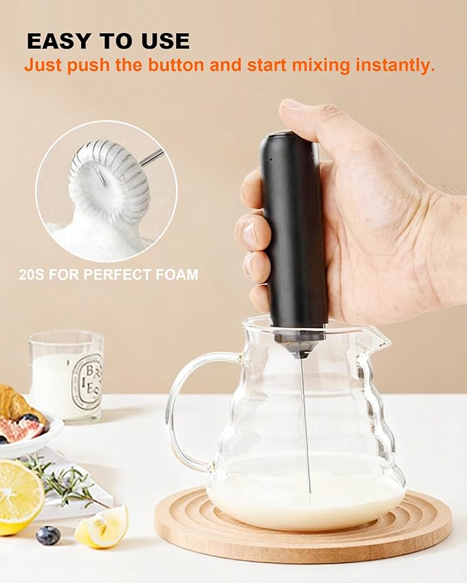 Rechargeable Milk Frother with Cover, Easy to Carry Drink Mixer Handheld, Electric Frother Wand for Coffee, Matcha, Latte, Cappuccino, Hot Chocolate, Kitchen Gifts, Black