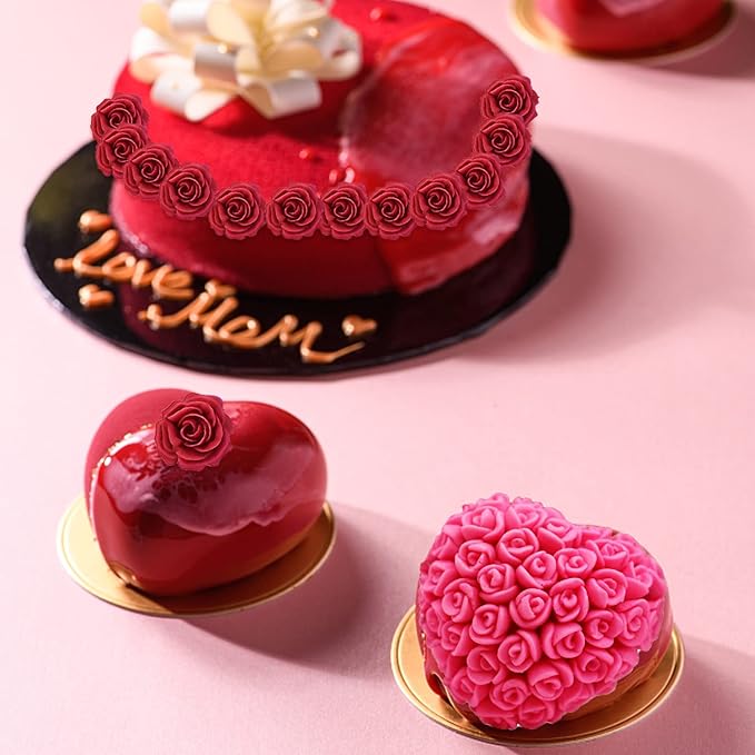 4 Pcs 3D Rose Flower Silicone Molds Mother's Day Fondant Mold Wedding Fondant Cake Molds Heart Candy Silicone Molds Chocolate Mould for Cake Topper Polymer Clay Soap Wax Making Party Supplies