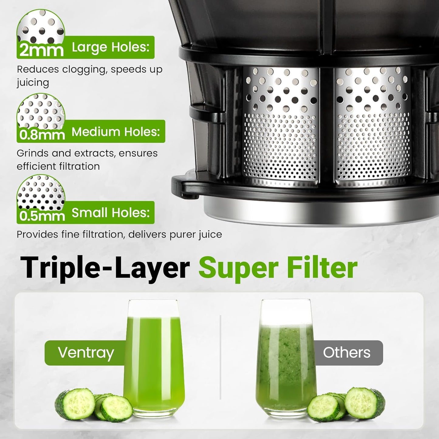 Ventray Cold Press Juicer, 5.1'' Extra Large Feed Chute Slow Masticating Juicer Machine for Whole Vegetables & Fruits, 250w, High Juice Yield, Easy to Clean with Brush, Great for Batch Juicing