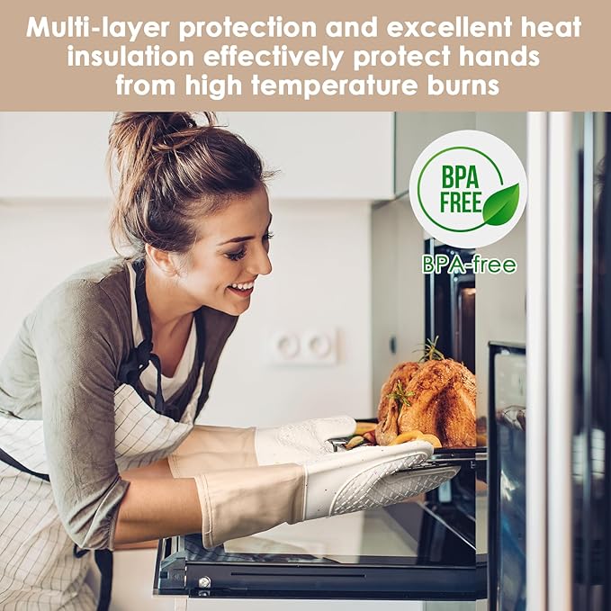7 PCS Kitchen Oven Mitts and Pot Holders Cooking Mittens Heat Resistant 500°F Silicone Oven Mitts Soft Cotton Lining Non-Slip Oven Mittens for Kitchen Baking BBQ Cooking with Hook Up Oil Brush(Cream)