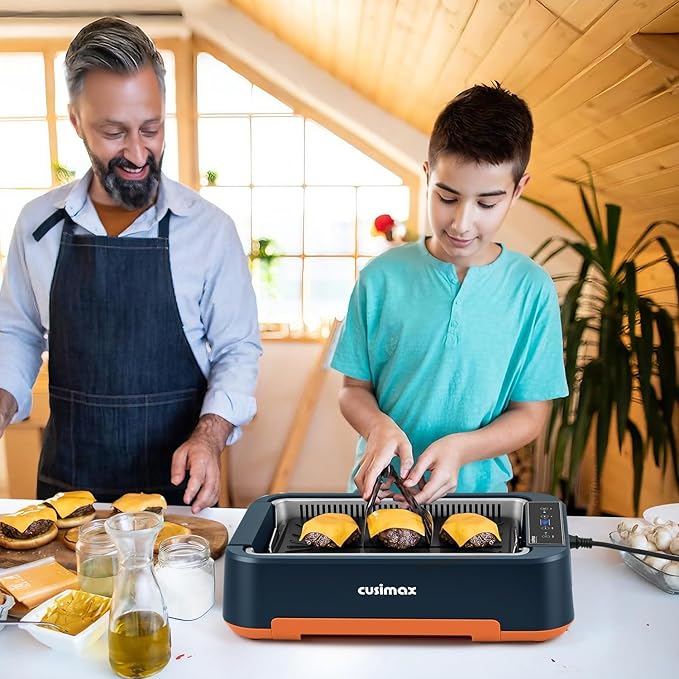 Electric Grill, CUSIMAX Smokeless Indoor Grill & Griddle, Electric Korean BBQ Grill with Turbo Smoke Extractor & REPLACEABLE Filter Sponge, Smart LED Display, Larger Grilling Area, 1500W(New Model)