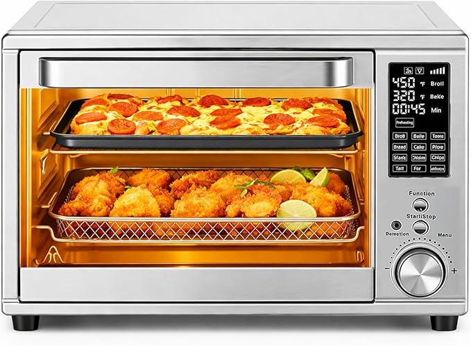 HealSmart 12-in-1 Air Fryer Toaster Oven Combo Extra Large Door with Smart Probe, 29.6QT Oven Countertop 12 Functions in 1, 7 Accessories Included, Stainless, Up to 450°F