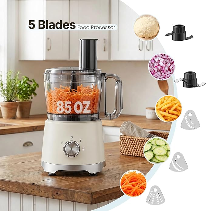 OLIXIS Food Processor 10.5 Cup, Vegetable Choppers with Slicing Shredding Chopping Kneading, Dishwasher Safe, Food Grinder, Stainless Steel Blades, for Smoothie Fruit Dough, 2.6QT, White