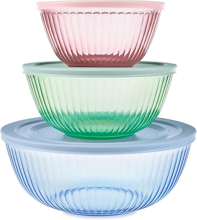 Pyrex Colors (3-Pack, Full Set) Sculpted Tinted Glass Mixing Bowls With Plastic Lids, Nesting Space Saving Set of Bowls For Prepping and Baking, 1.3QT, 2.3QT & 4.5Q, (Pink, Green, Blue)