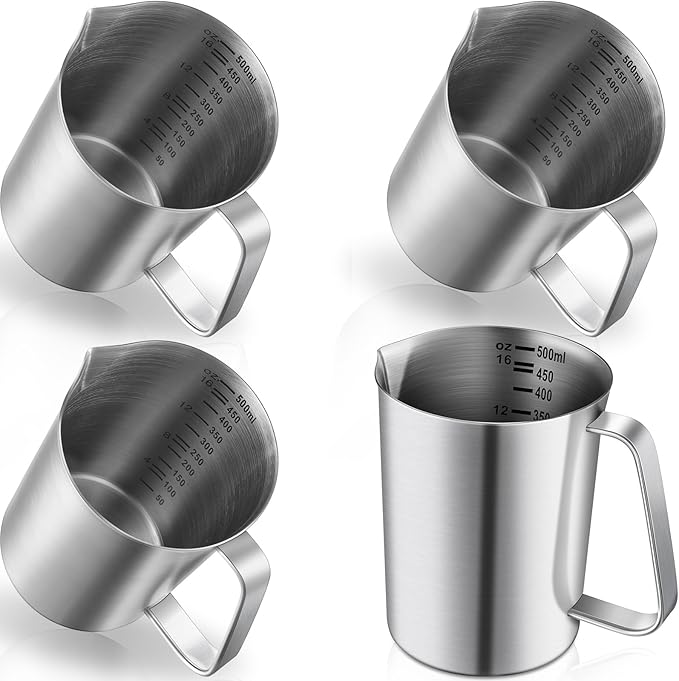 Copkim 4 Pcs Stainless Steel Pitcher with Handle and Pour Lip 16OZ, 500ML, 2 Cup Metal Liquid Measuring Cup Measuring Jug Milk Frothing Pitcher for Milk Latte Art Water Pouring