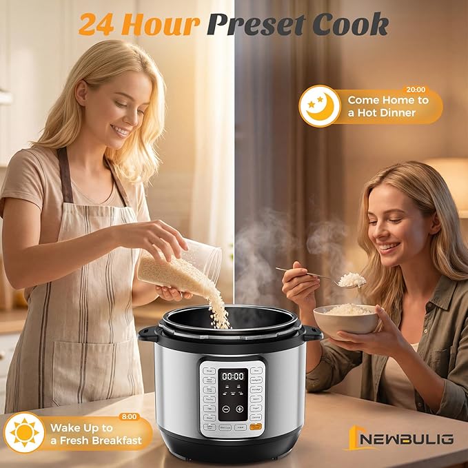 NEWBULIG 16-in-1 Electric Pressure Cooker, 6QT Multi Cooker with 12 Presets, Slow Cook Rice Steamer Sauté Soup Meat Stew Canning Yogurt Maker, Ceramic Inner Pot & Recipe Book Included, Silver