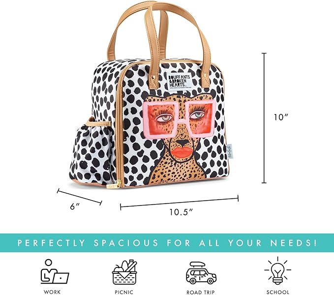 Fit & Fresh Lunch Bag For Women, Insulated Womens Lunch Bag For Work, Leakproof & Stain-Resistant Large Lunch Box For Women With Containers, Tumbler and Ice Pack, Zipper Closure Glam Cat