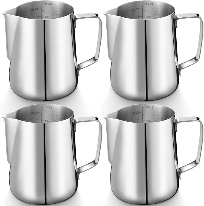 Honeydak 4 Pcs Milk Frothing Pitcher 304 Stainless Steel Steaming Pitchers for Coffee Bar Cappuccino Barista Tools Milk Jug Steamer Frother Cup (20 oz)