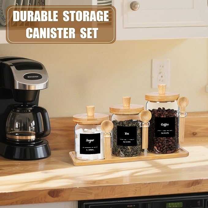 Suclain 3 Pcs Glass Coffee Container with Wooden Lid Spoon Shelf Labels Clear Airtight Jar Food Storage Canister Set for Sugar Spice Coffee Bean Holder Housewarming Gift(13.5,20,25 oz,Natural Bamboo)