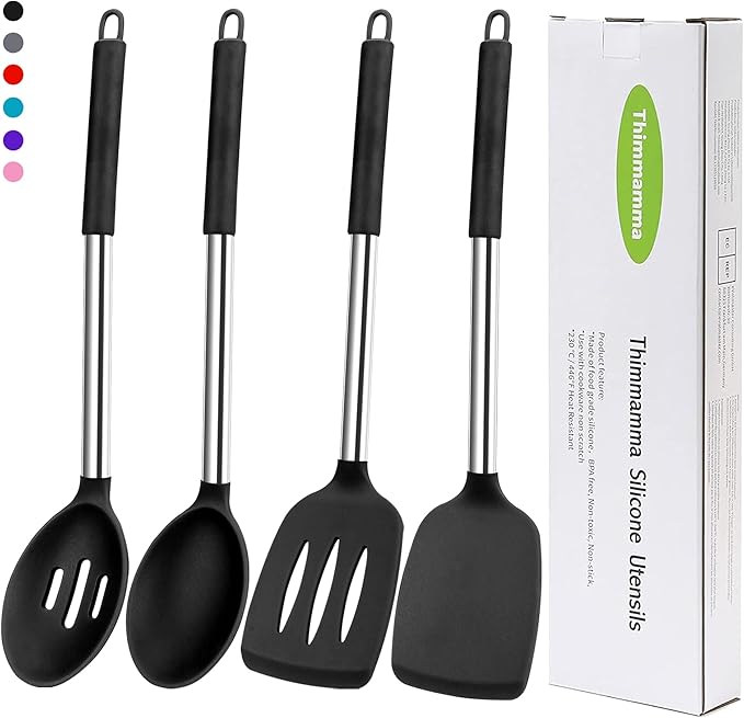 Silicone Spatula Spoon Set, 4 PCS Silicone Cooking Utensils Spatula Spoon Set with Stainless Steel Handle, BPA Free Kitchen Turners for Frying, Mixing, Serving, Draining, Turning, Stirring, Black
