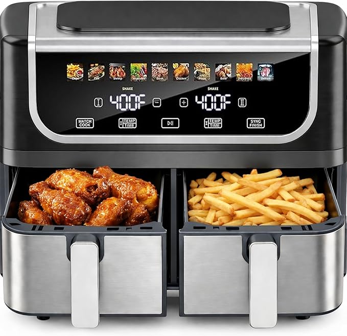 Simple Deluxe 9.5-Qt Dual Basket Air Fryer, 10-in-1 Digital Preset 1700W Airfryer, Sync Cook, Independent Temp Control, Shake Reminder, Nonstick Basket, Black