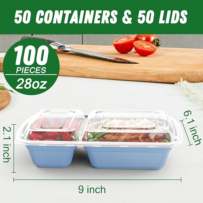 Dealusy 50 Pack (100-Piece) 28 oz Meal Prep Containers Reusable with Lids 2-Compartment, Sturdy Leakproof Food Safe, Microwave Freezer Dishwasher Safe, To Go Take Out Plastic Food Storage, Blue