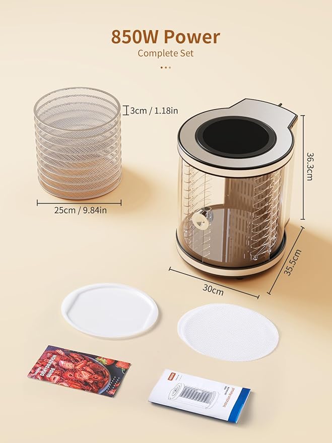 Reemix Food Dehydrator, 10 Tier Stainless Steel Rotating Trays, 850W Dryer for Beef Jerky, Fruits, Vegetables, Dog Treats, Clear View & Touch Control, 10 Presets & Custom, Easy-Clean