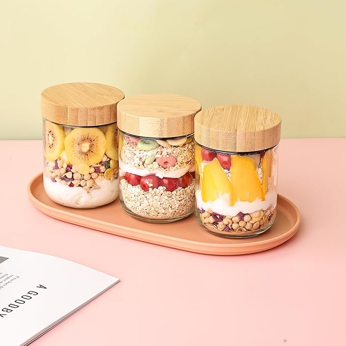 6 Pack 16oz Glass Overnight Oats Jars - Airtight Containers with Bamboo Lids, Wide Mouth Mason Jars for Salad, Yogurt, Snacks & Food Storage