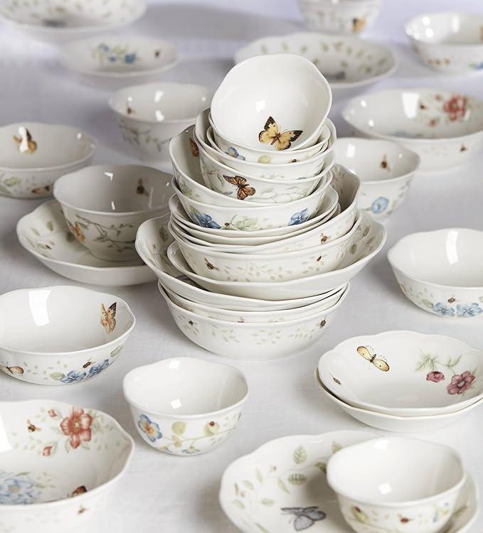 Lenox Pasta Bowls, 20oz Butterfly Meadow Pasta Bowl Set of 4, Service For 4, Porcelain, White Serving Bowls, Wide, Shallow, Lenox Butterfly Meadow Collection, Dishwasher/Microwave Safe (White 4-Piece)