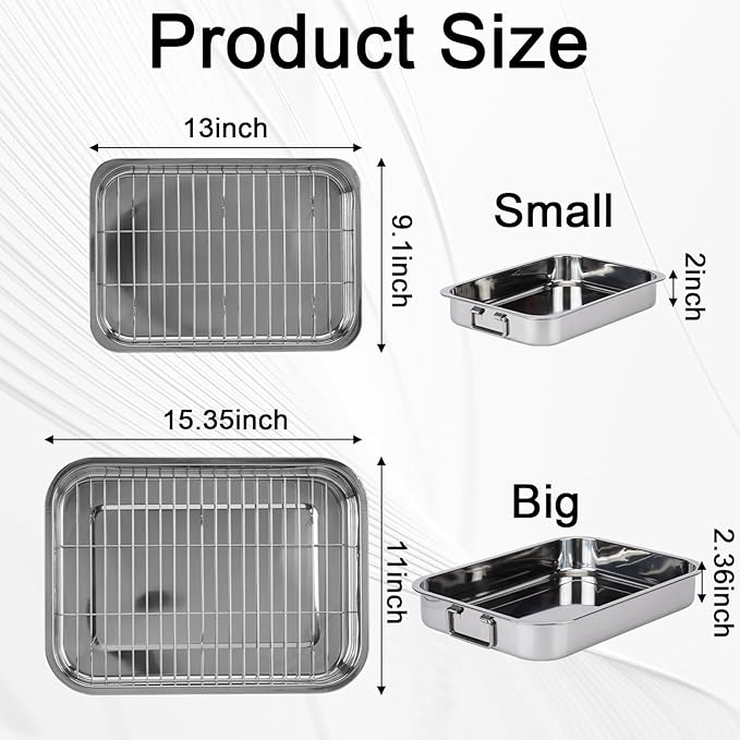 2 Pcs 13"15.4" Stainless Steel Roasting Pans with Handles, Baking Pan for Oven Includes 2 Flat Racks, Dishwasher Safe Rectangular Lasagna Pan for Turkey, Chicken and Roasting, Silver