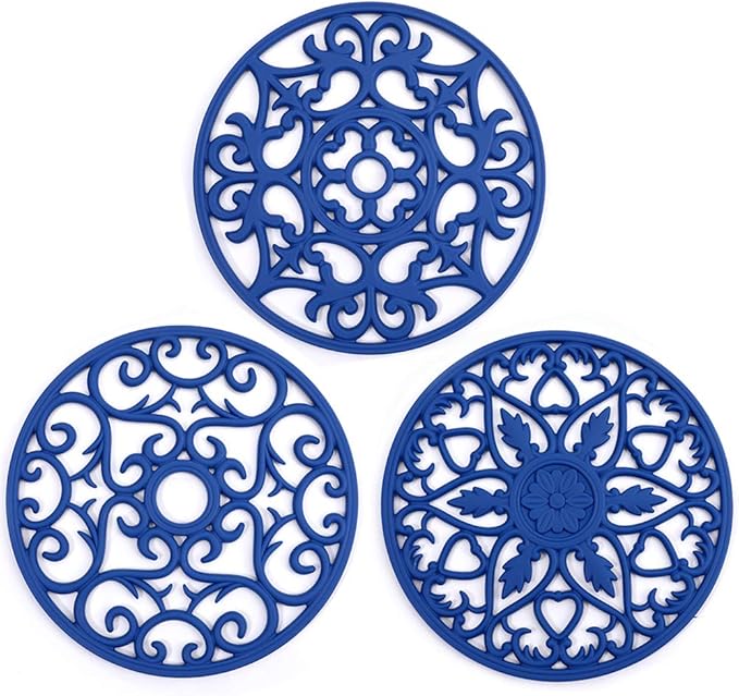ME.FAN Trivets for Dishes/Pots/Pans, 3 Pcs Silicone Mats, Flexible/Durable/Non Slip Hot Pads to Protect Table and Counter Top (Deep Blue)