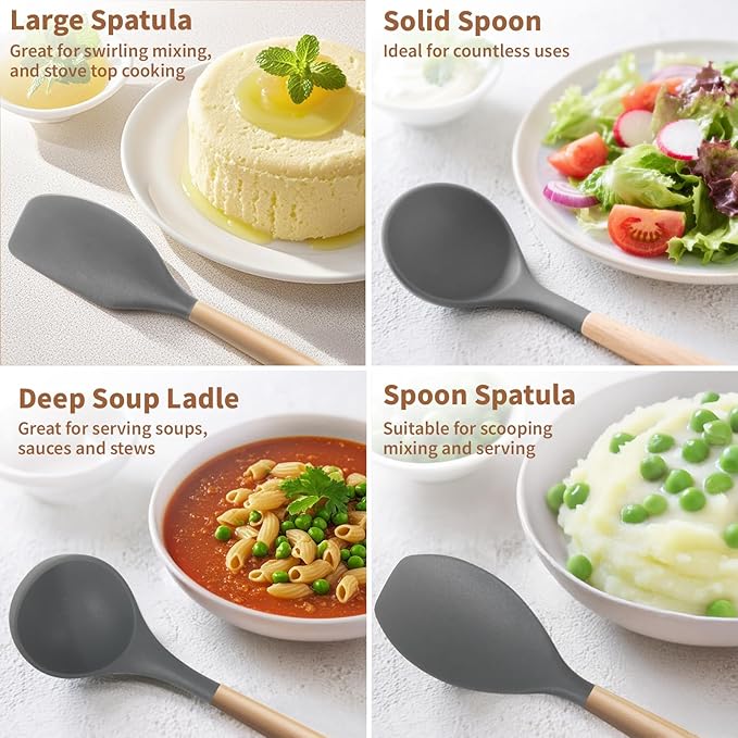 77L 32 PCS Silicone Kitchen Cooking Utensils Set, Non-Stick Cooking Kitchen Utensils Spatula Set with Holder, Turner, Tongs, Spatula, Spoon, Wooden Handle Kitchen Gadgets Utensil Set, Dishwasher Safe