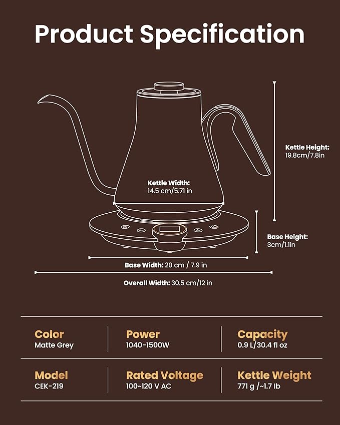 INTASTING Gooseneck Electric Kettle with Precise ±1℉ Temperature Control, Wood-Accented Handle, Stainless Steel Interior, Quick Heating Pour Over Kettle for Coffee & Tea, 0.9L, Matte Grey