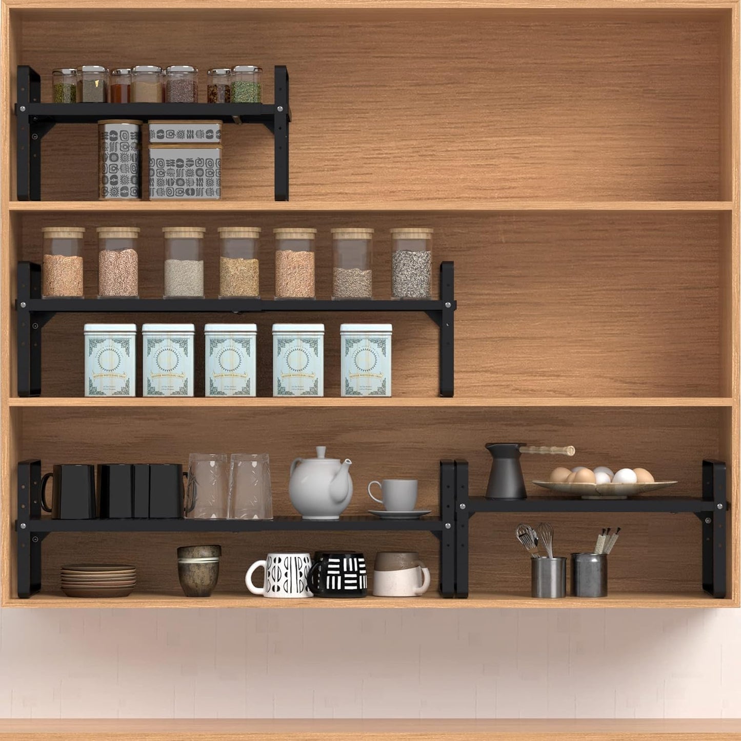 Expandable Cabinet Shelf Organizer Adjustable Metal Spice Rack Stackable Freestanding Counter Storage Shelves for Kitchen Cabinet Under Sink Office Desk (Black - 3Pack - L16.5-27'' * W8'' * H9.6'')