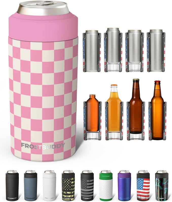 Frost Buddy Universal Can Cooler - Fits all - Stainless Steel Can Cooler for 12 oz & 16 oz Regular or Slim Cans & Bottles - Stainless Steel (Pink Checkered)