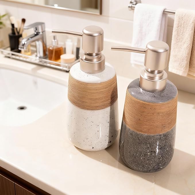 2 Pcs Ceramic Soap Dispenser Set, 15 Oz Refillable Liquid Soap Dispensers with Embossed Texture for Bathroom Countertop and Kitchen Sink, Hand Soap, Dish Soap & Lotion Bottles, Modern Home Decor