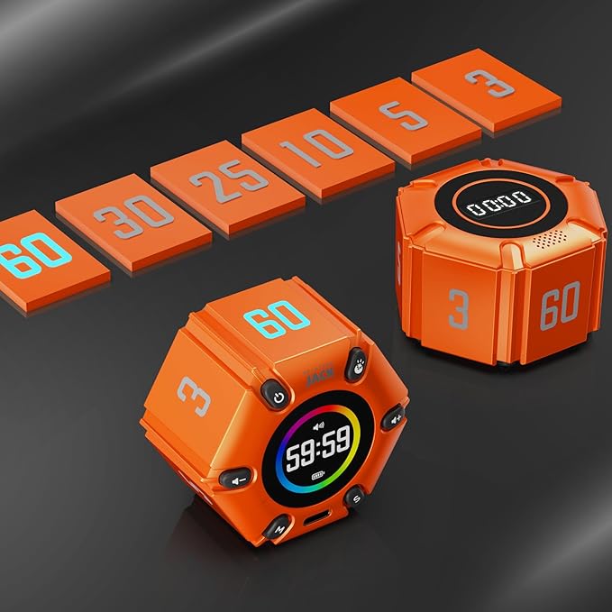 Printers Jack, Productivity Cube Timer, Visual Pomodoro Timer, Mute & Vibration & Adjustable Sound Alert, for Office, ADHD, Study, Work, 3/5/10/25/30/60min & Custom Countdown - Orange