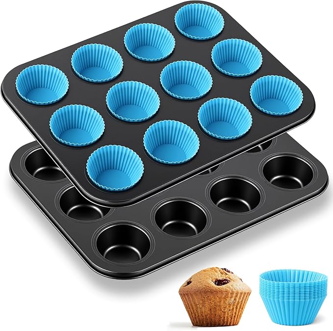 2 Set 12-cup Non Stick Carbon Steel Muffin Pan for Baking with 24 Reusable Silicone Liners, Non Toxic Cupcake Pan Muffin Tin for Easter Wedding Brownies Egg Bite, Easy to Pop(Blue)