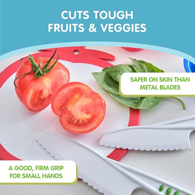 Curious Chef Kid Safe Kitchen Knife Set - 3-Piece Nylon Knives for Kids, White & Green, Ages 4+ - Non-Scratch Tools for Nonstick Pans & Kitchen Tool Set