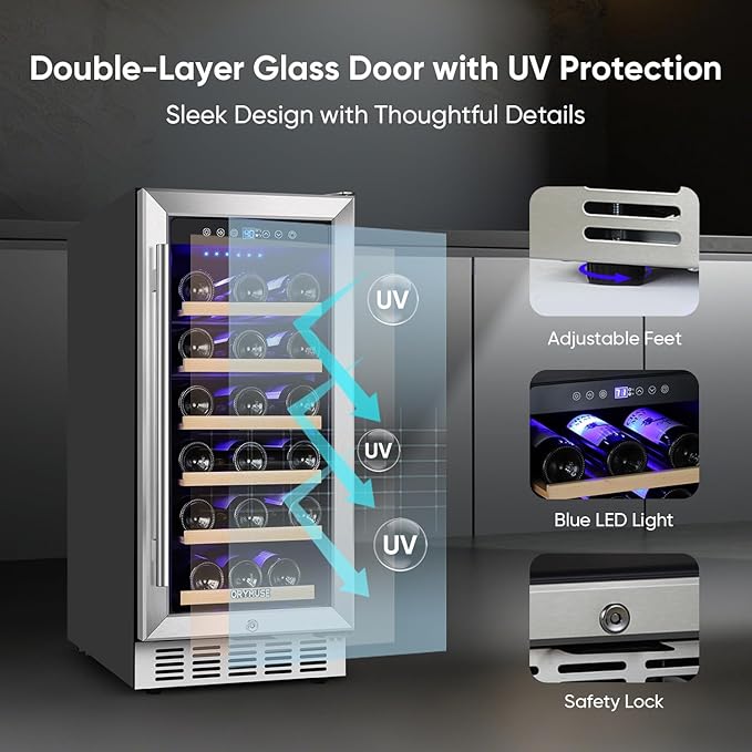 ORYMUSE 15 Inch Wine Cooler Under Counter, 30 Bottle Wine Fridge with Stainless Steel Glass Door, Built-In or Freestanding Wine Cellar with Removable Shelves and Digital Temperature Control